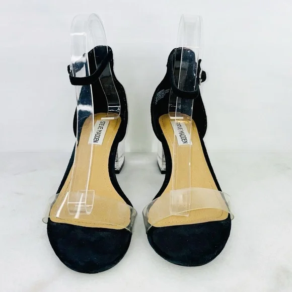 Steve Madden Black Vinyl Block Heel Sandals - Picture 2 of 9
